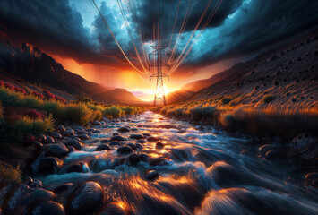 Power line in the desert at sunset. 3d render illustration. - obrazy, fototapety, plakaty