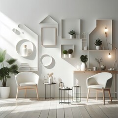 Modern light and airy interior. White room with chairs and empty background wall