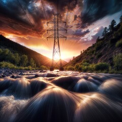 Power line on the background of a mountain river at sunset. 3d rendering - obrazy, fototapety, plakaty