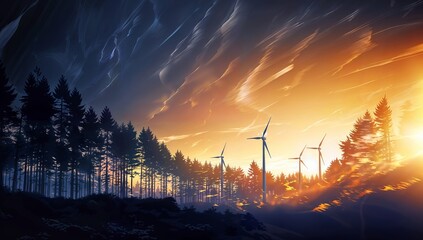 Fantasy landscape with wind turbines in the forest. 3d render - obrazy, fototapety, plakaty