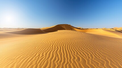  the sun shines brightly in the distance over the sand dunes of a desert in the middle of the desert, with a clear blue sky in the foreground.