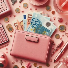 Pink wallet and Euro banknotes. Top view - obrazy, fototapety, plakaty