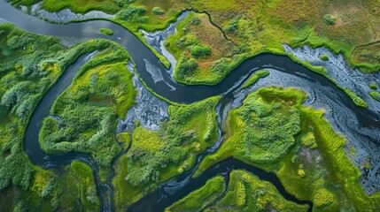  an aerial view of a river running through a lush green field next to a lush green field with trees and grass on both sides of the river's sides.