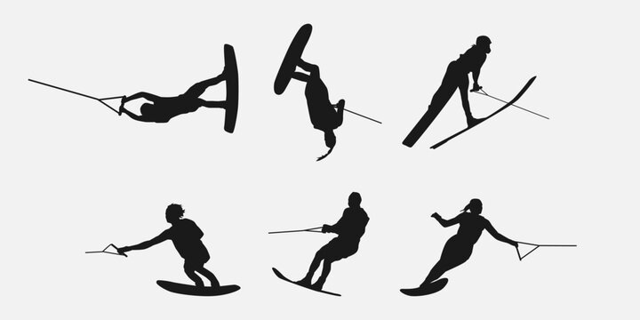 Water ski vector set silhouettes. Isolated on white background, Water sport, summer. Vector illustration.