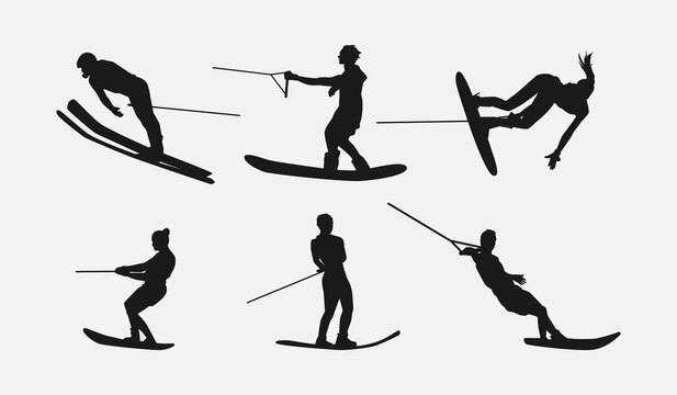 Water ski vector set silhouettes. Isolated on white background, Water sport, summer. Vector illustration.