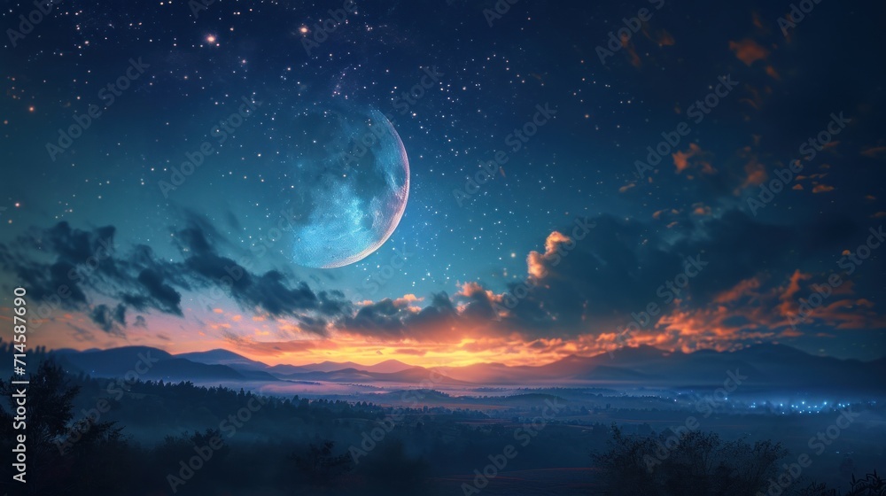 Poster a view of a night sky with the moon and stars in the distance with a mountain range in the foregroun