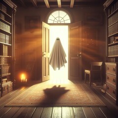 room with open door and ghost levitating inside with warm light