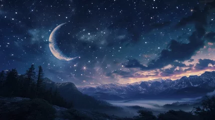 Fotobehang  a painting of a night sky with a crescent and stars above a mountain range with a full moon in the middle of the night sky and a mountain range in the foreground. © Olga