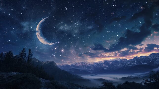  a painting of a night sky with a crescent and stars above a mountain range with a full moon in the middle of the night sky and a mountain range in the foreground.