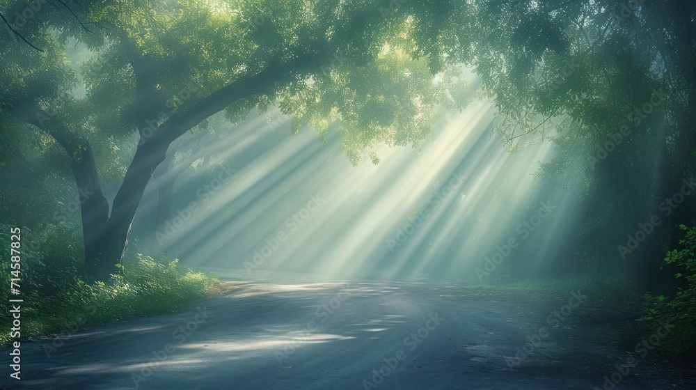 Poster a road that has a bunch of trees on both sides of it and a lot of light coming from the trees on the