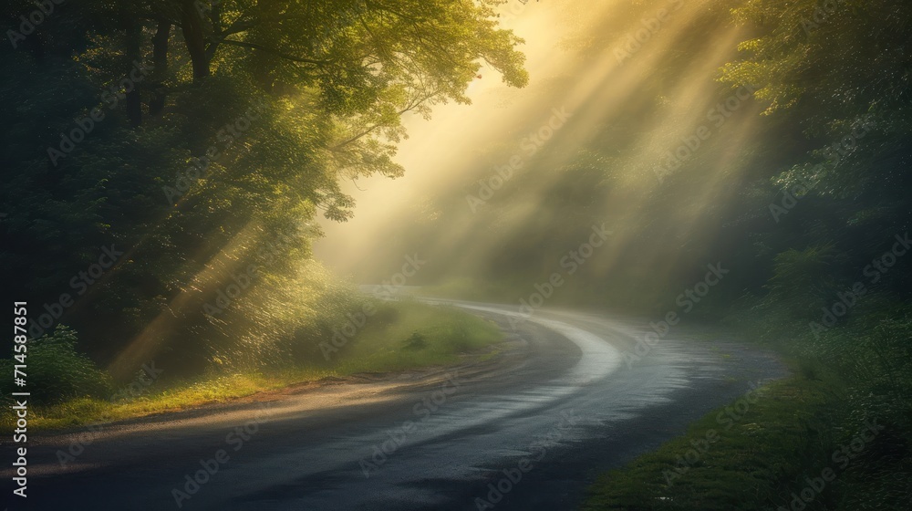 Poster a road in the middle of a forest with sunbeams shining through the trees on either side of the road 