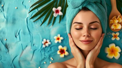 Obraz na płótnie Canvas Beautiful girl enjoying relaxation and body care in a spa on a blue background with flowers