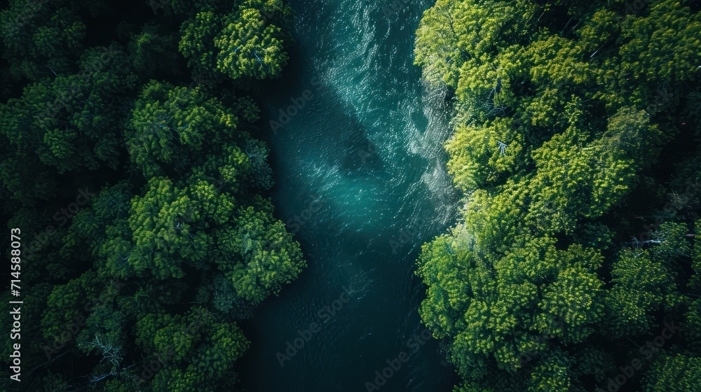 Poster an aerial view of a river in the middle of a forest with lots of green trees on both sides of the ri