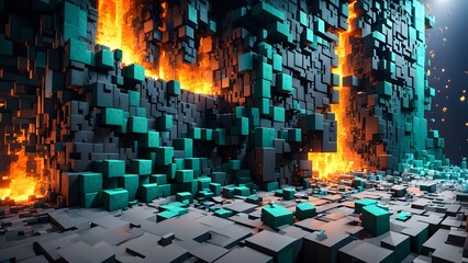 Crumbling blocky cubes wall. Blocky world earthquake. Blocky cubes texture. Generative AI.