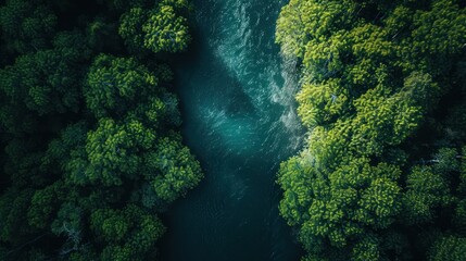  an aerial view of a river in the middle of a forest with lots of green trees on both sides of the river and a boat in the middle of the water. - obrazy, fototapety, plakaty