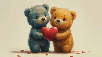 Blue and Brown Teddy Bears Holding a Red Heart Together