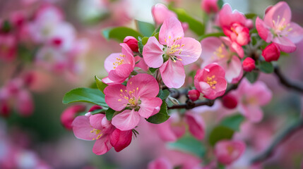 Obraz premium Blooming branch with pink flowers in the garden