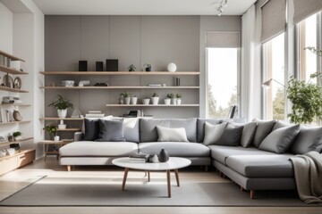 Scandinavian interior home design of modern living room with gray sofa and furniture with bookshelves near the window