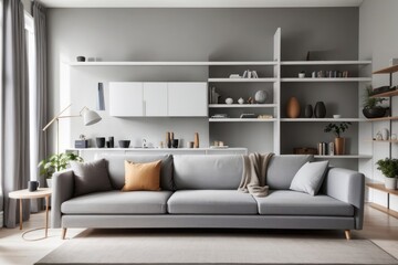 Scandinavian interior home design of modern living room with gray sofa and furniture with bookshelves near the window