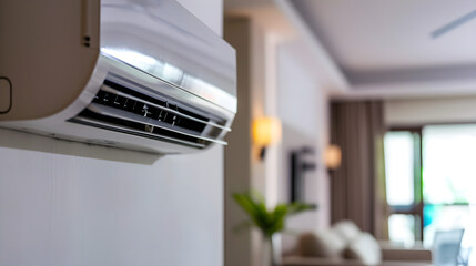 Air conditioner hanging on a light wall of a cozy room - obrazy, fototapety, plakaty