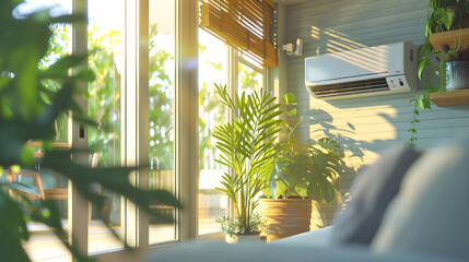 An air conditioner hangs on a wall of a cozy room with furniture and plants - obrazy, fototapety, plakaty