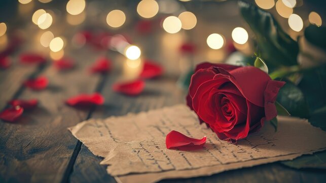 Fototapeta Romantic Love Notes- Close-Up of a Love Letter with Red Roses on a Wooden Desk, Enhanced by Bokeh Lights, Perfect for Valentine's Day Wallpaper Background
