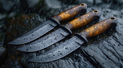 Black Damascus steel Knives on a wooden board in the rain - obrazy, fototapety, plakaty