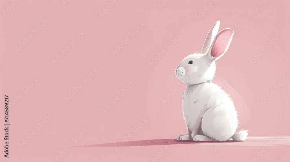 Poster a white rabbit sitting in the middle of a pink background with a shadow of a rabbit in the middle of