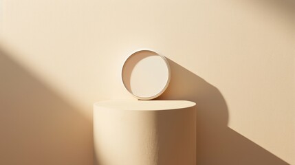  a white round object sitting on top of a white pedestal in the corner of a room with a light shining on the wall and a shadow cast on the wall.