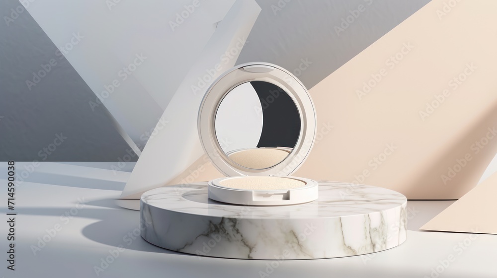 Poster a white round mirror sitting on top of a marble table next to a white and black object with a white 