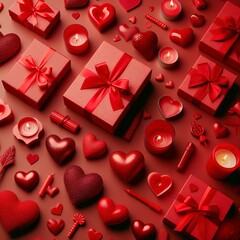 Red solid background with red hearts, gifts and candles. The concept of Valentine Day