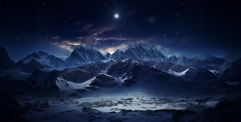 stunning view with snowy mountains starry dark, Mountain landscape with snow and stars.Snowy mountains at night with starry sky. - obrazy, fototapety, plakaty