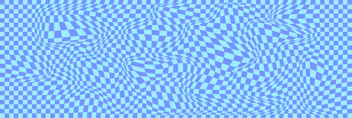 Blue groovy hippie 70s vector background. Chessboard and twisted pattern. Vector psychedelic abstract grid fun wallpaper. Retro style design for print on textile, paper, social media or web design.