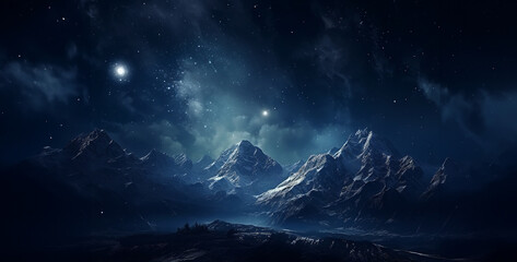 stunning view with snowy mountains starry dark, Mountain landscape with snow and stars.Snowy mountains at night with starry sky.Mountain landscape at night with stars and moon