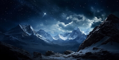 stunning view with snowy mountains starry dark, Mountain landscape with snow and stars.Snowy...