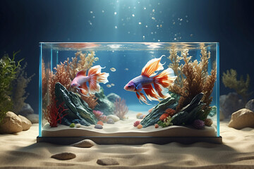 square glass aquarium and betta fish life - obrazy, fototapety, plakaty