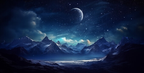 Naklejka na ściany i meble stunning view with snowy mountains starry dark, Mountain landscape with snow and stars.Snowy mountains at night with starry sky.Mountain landscape at night with stars and moon