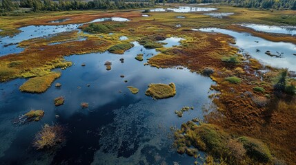  a large body of water surrounded by lots of green and brown grass with trees on both sides of the water and in the distance, there is a body of water surrounded by land.