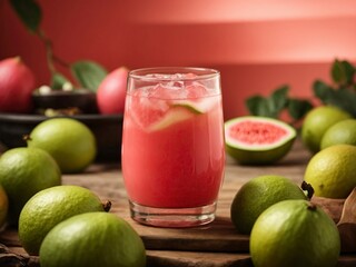 Fresh guava juice in a glass and fresh guava fruits on wooden table