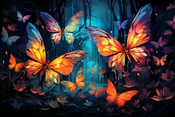 Luminescent soulfire butterflies, illuminating the darkness with their gentle glow - Generative AI