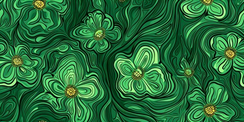 Fototapeta na wymiar Green Hand Drawn Floral Pattern Vector Background in the Style of Perspective-Bending Graffiti - Free-Flowing Lines Rounded Shapes Wallpaper created with Generative AI Technology