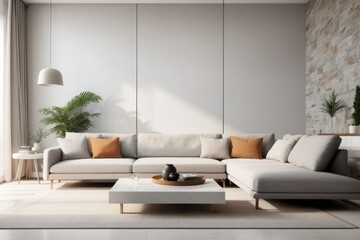 Interior home design of modern living room with gray sofa and houseplants against concrete wall near window