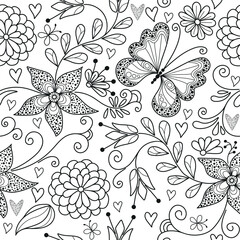 Vector seamless monochrome floral valentines pattern with hearts and dotty butterflies in doodle style on a transparent background
