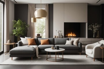 Fototapeta premium Classic Interior home design of modern living room with gray sofa and table with fireplace and dark wall