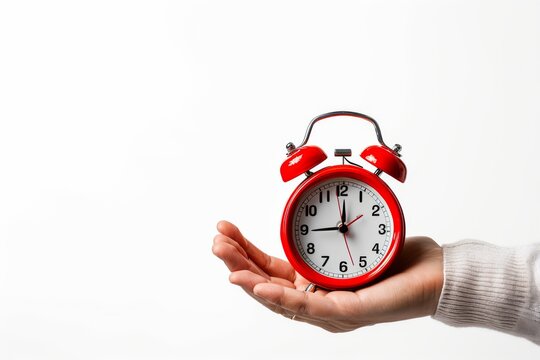 Capture the essence of time management with this powerful image of a hand holding a red alarm clock, isolated on a crisp white background, symbolizing urgency, punctuality, and the race against time