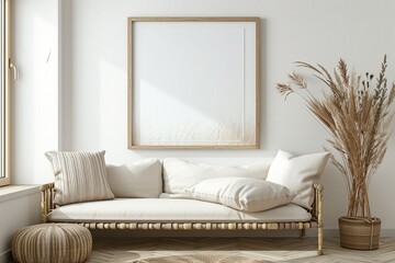 Minimal White Living Room Interior with Blank Poster Frame,Clean and Minimal Living Room with Empty Frame Mock-up