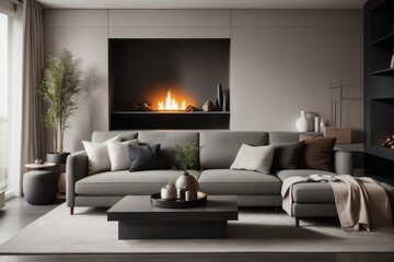 Obraz premium Classic Interior home design of modern living room with gray sofa and table with fireplace and dark wall