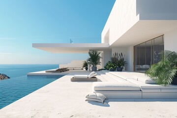Fototapeta premium Luxury Seaside Living Room: White Elegance,Oceanview Elegance: White Terrace Retreat,White Living Room Paradise: Seafront Luxury