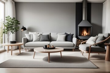 Scandinavian interior home design of modern living room with gray sofa and round table with fireplace and gray wall