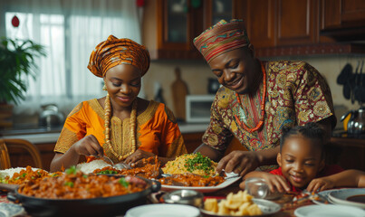 Happy nigerian family wearing native atire having dinner in a kitchen dining room, the mother is dishing from s serving dish.